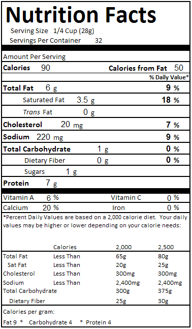 Nutritional Facts for 2% Milk Finely Shredded Cheddar & Monterey Jack