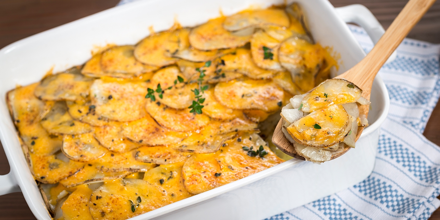 Potato Bake in a white baking dish