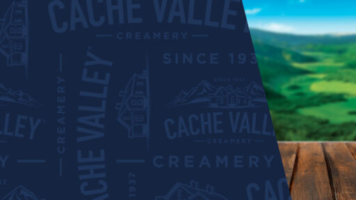 Cache Valley blue pattern overlaying a wooden table and green valley with blue sky