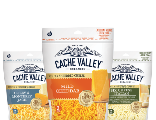 Cache Valley Mild Cheddar Shreds, Colby & Monterey Jack Shreds, Six Cheese Italian Shreds