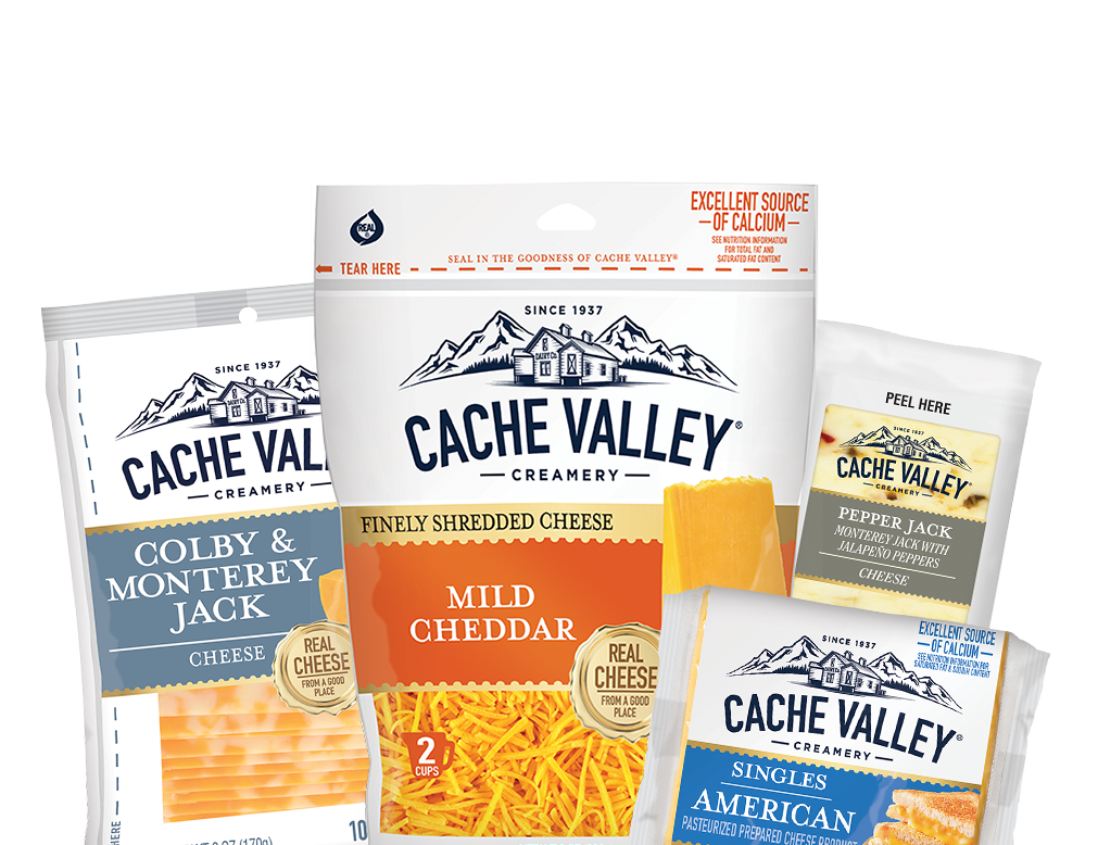 Cache Valley Colby & Monterey Jack Slices, Sharp Cheddar Shreds, American Singles, and Pepper Jack Snack Bar