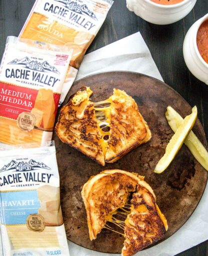 Grilled Cheese Sandwiches with 3 packages of Cache Valley Creamery cheeses Gouda, Medium Cheddar, Havarti
