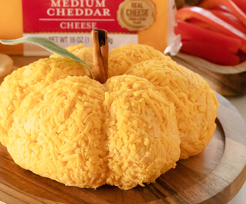 cheese ball shaped like a pumpkin with medium cheddar cache valley cheese