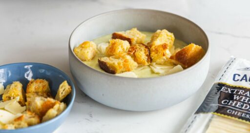 white cheddar potato broccoli soup asiago croutons extra sharp white cheddar slices