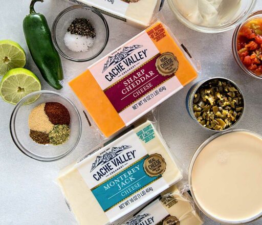 Cache Valley Creamery cheeses for Queso Blanco recipe Mozzarella, Sharp Cheddar, Monterey Jack, Swiss with spices