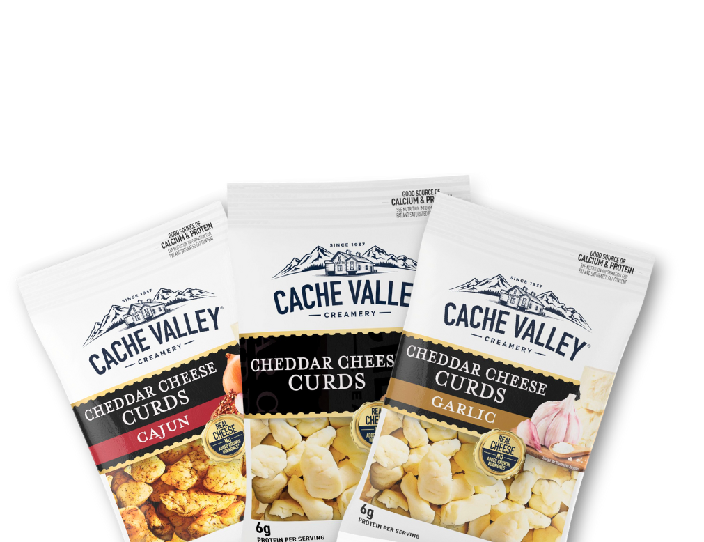 packaged Cache Valley Cheeses, Cheddar & Garlic Cheddar, Cajun curds