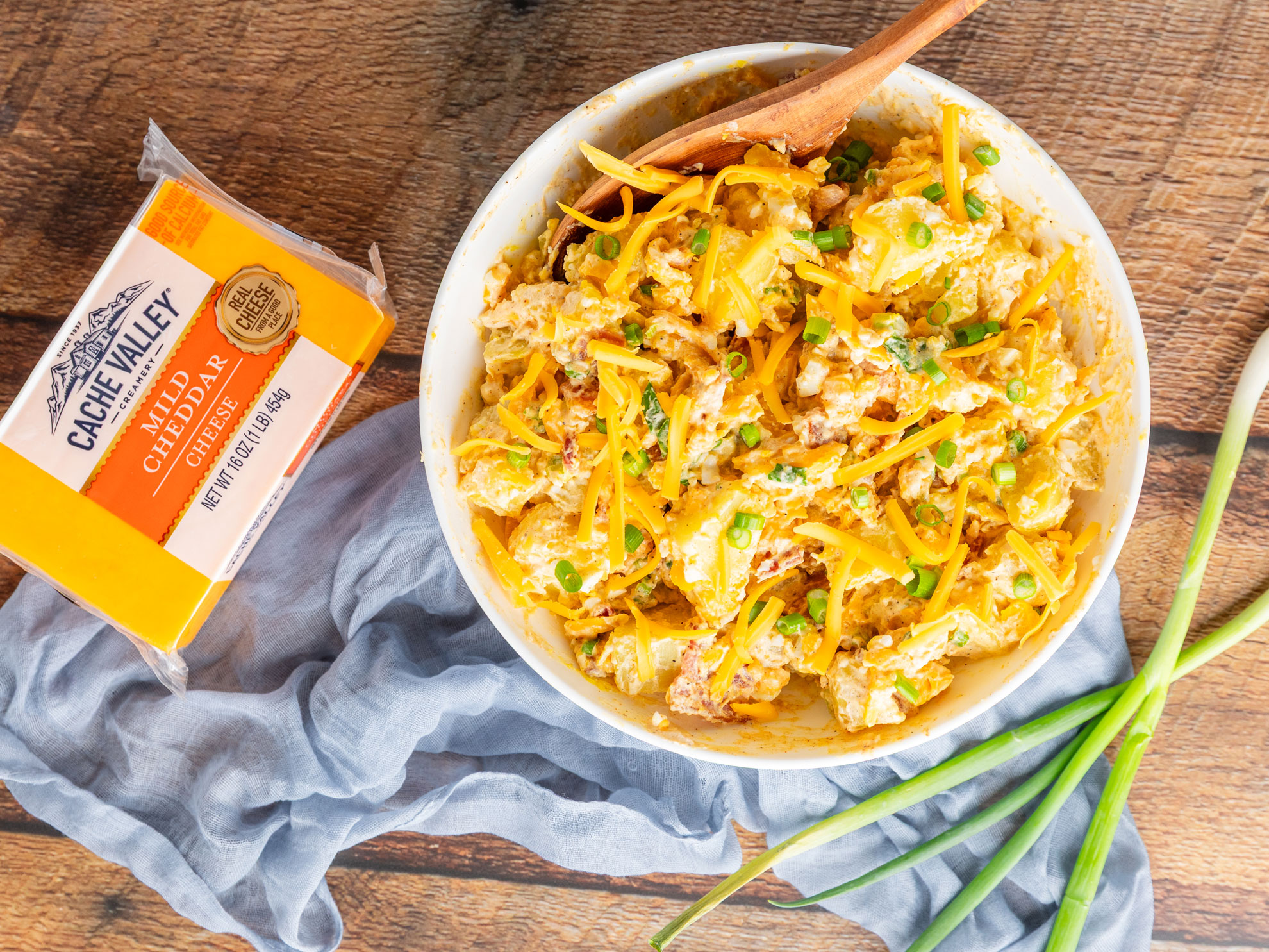 Cheddar bacon potato salad with mild cheddar cache valley cheese