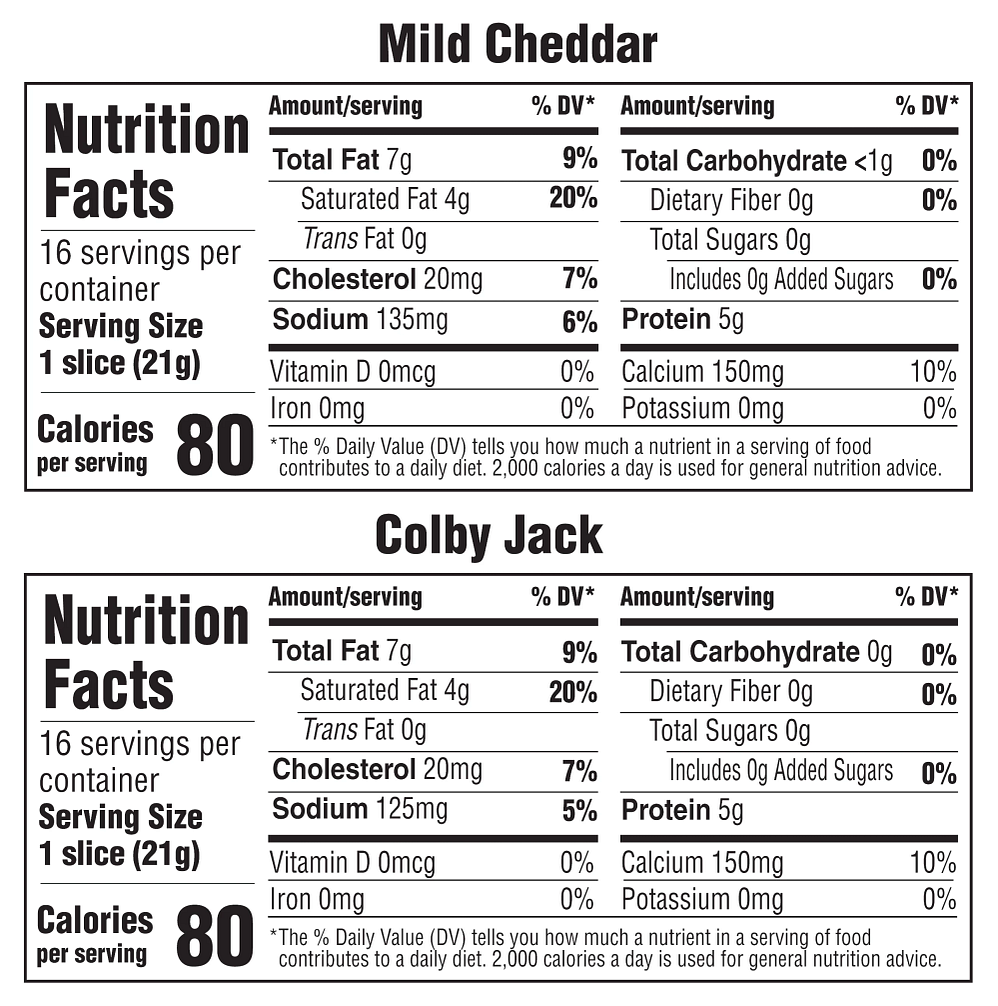 nutrition facts combo pack mild cheddar colby jack 24 oz slices