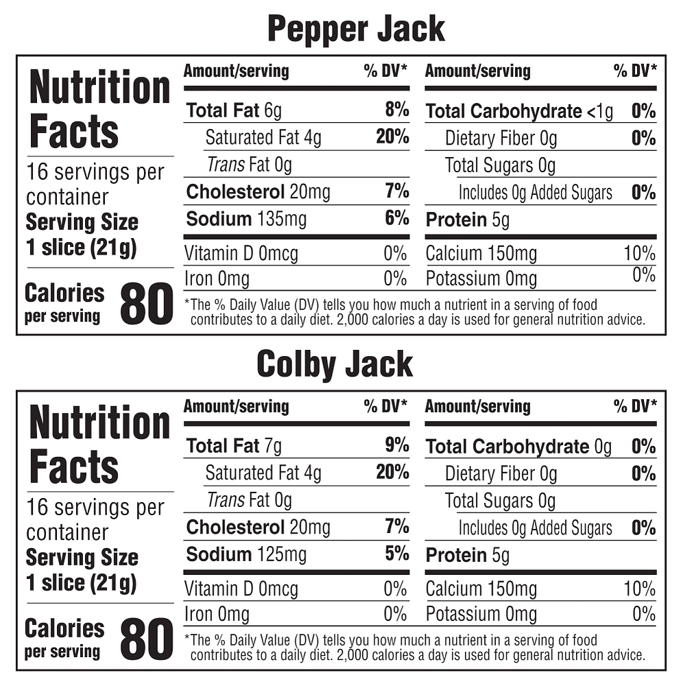 nutrition information combo pack cache valley cheese slices pepperjack and colbyjack