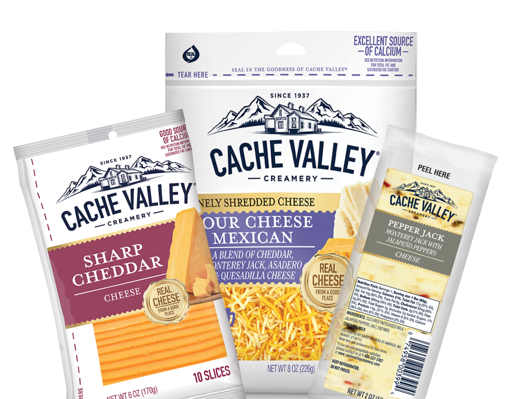 sharp cheddar slices, four cheese mexican shredded cheese, pepper jack sliced cheese from Cache Valley Creamery